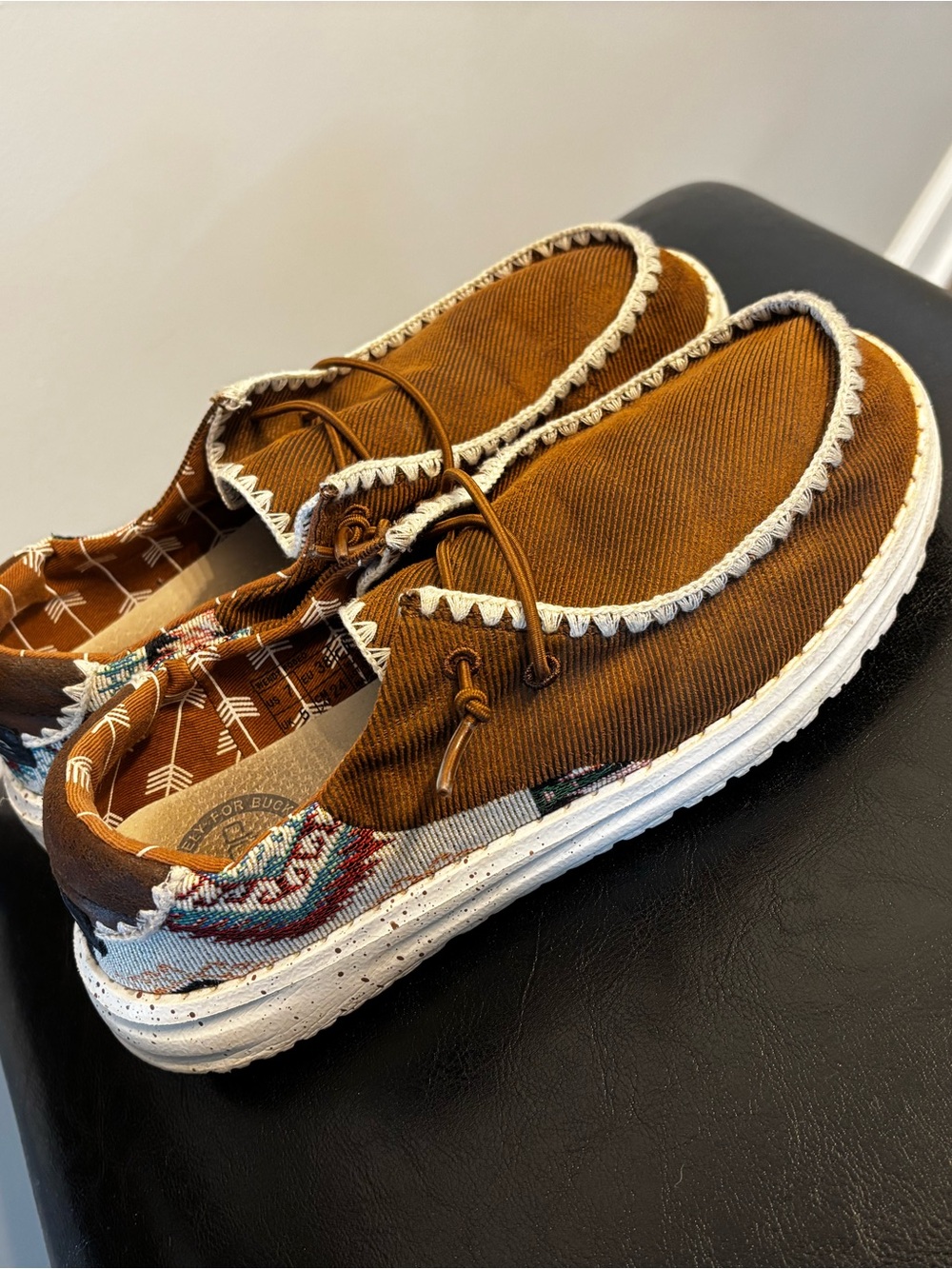 Hey Dude Brown Canvas Slip-On Loafers with Tribal Detail